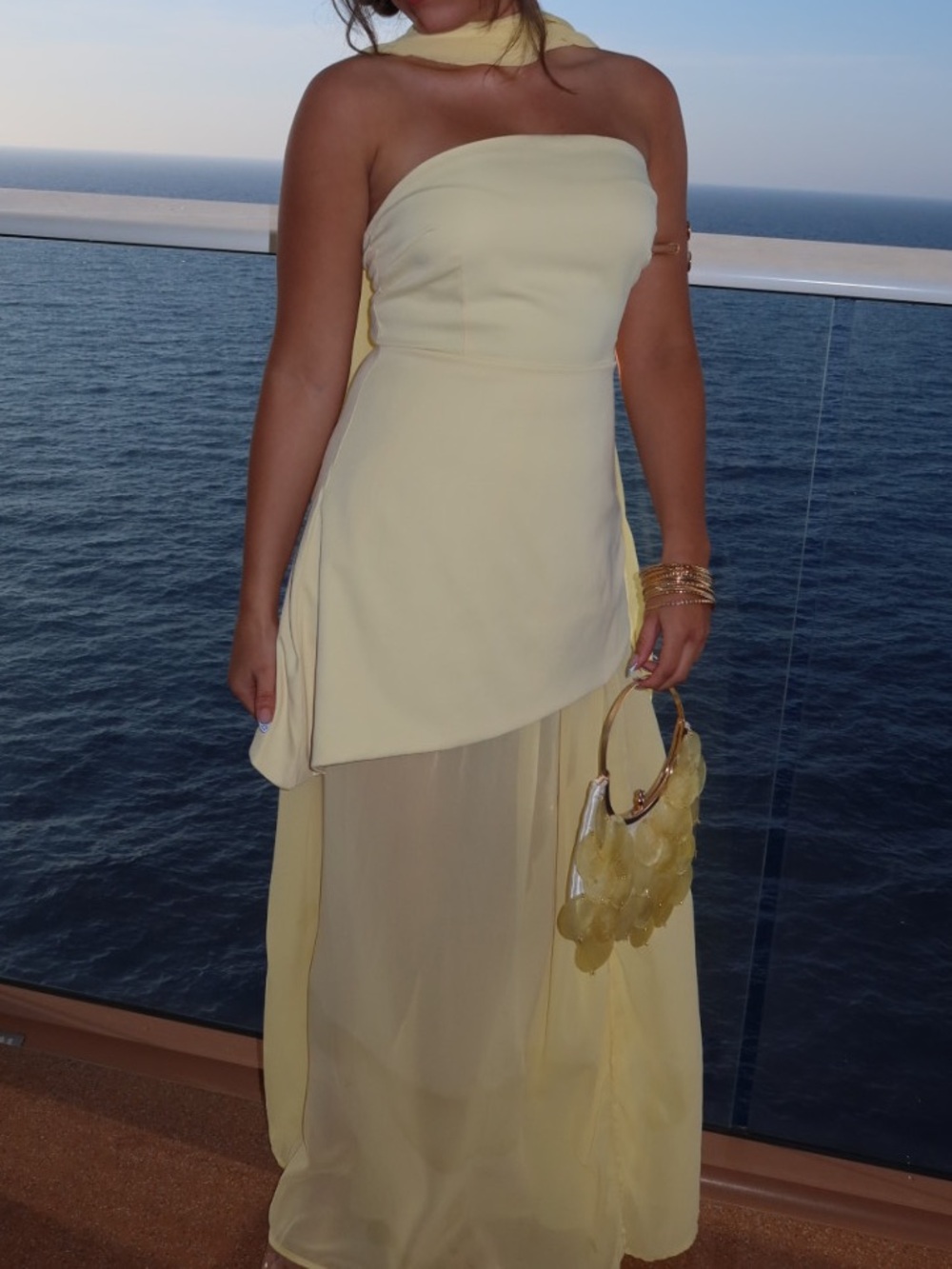 Strapless Chiffon Overlay Evening Dress in Pale Yellow